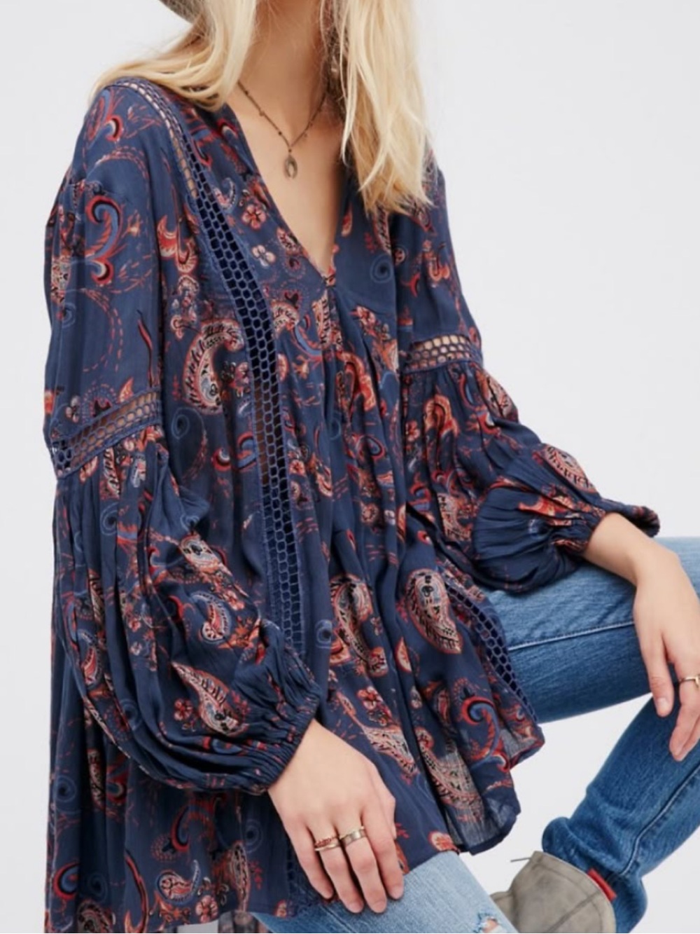 Free People Paisley Babydoll Tunic Dress Women’s XS Crochet Boho Fall